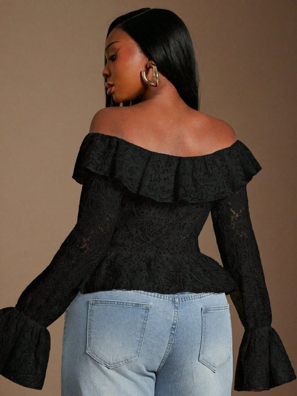 Elegant Women's Plus Size Ruffle Trim Off Shoulder Long Sleeve Sheer Lace Blouse - Picture 2 of 8